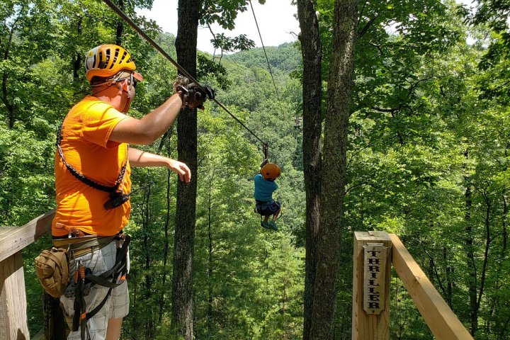 a person ziplining